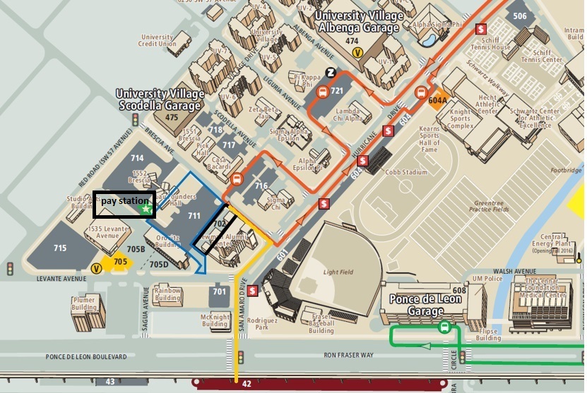 Grey lots parking map on the University of Miami Coral Gables campus showing lots near the Newman Alumni Center, 6200 San Amaro Drive